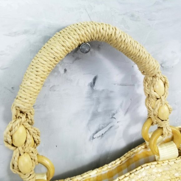 CROFT & BARROW Straw Tote Purse Satchel Handbag, Woven Bag w/Yellow Gingham Lin. - Picture 7 of 10